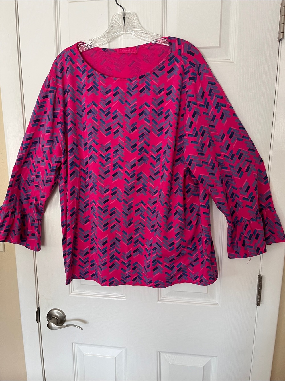 Fresh produce modal blend pullover fuchsia blue Geo mosaic bell ruffle sleeve 2X